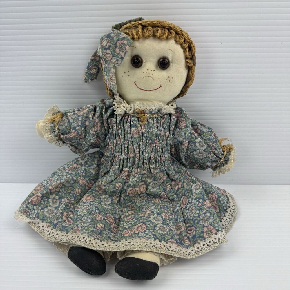 Vintage Handmade Rag Doll Prairie Floral Cottagecore Folk Art Cloth Farmhouse